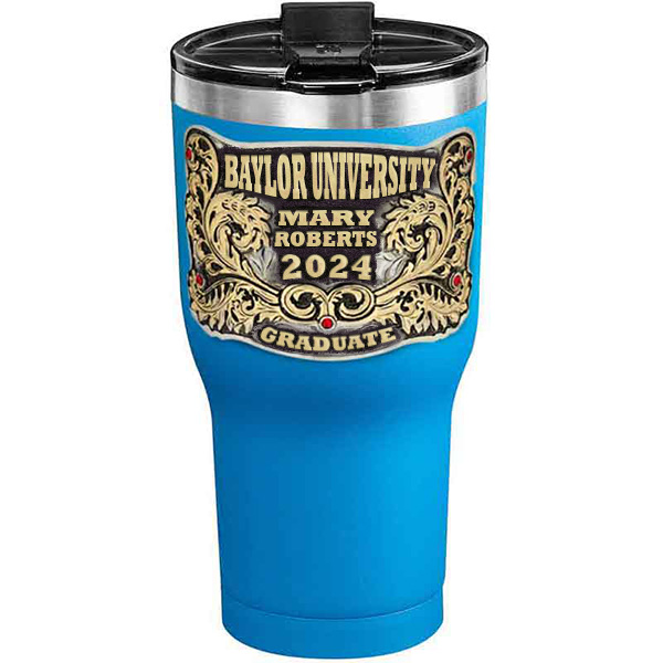 A customized tumbler made of stainless steel with a personalized engraved name and Baylor University lettering, 30 oz, ideal for coffee or cool drinks